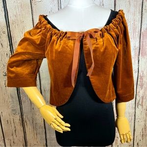 Trina Turk Velvet Cropped Bolero Ruched Gathered Boatneck Jacket Size Medium GUC